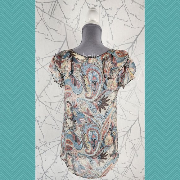 Esprit Paisley Printed 100% Silk Ruffle Sheer Blouse - Picture 4 of 5